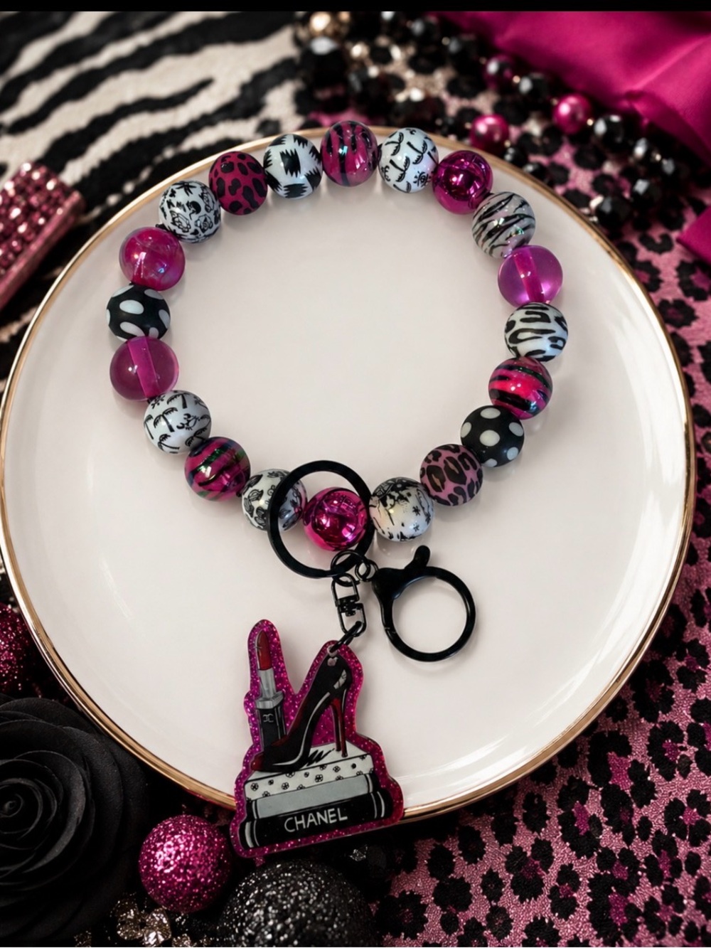 Hand Crafted Beaded Wristlet Keychain With Inspired Charm